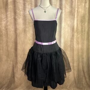 Vintage 90s Drop Waist Tulle Formal Dress Black Midi Sleeveless Silk Cute Goth